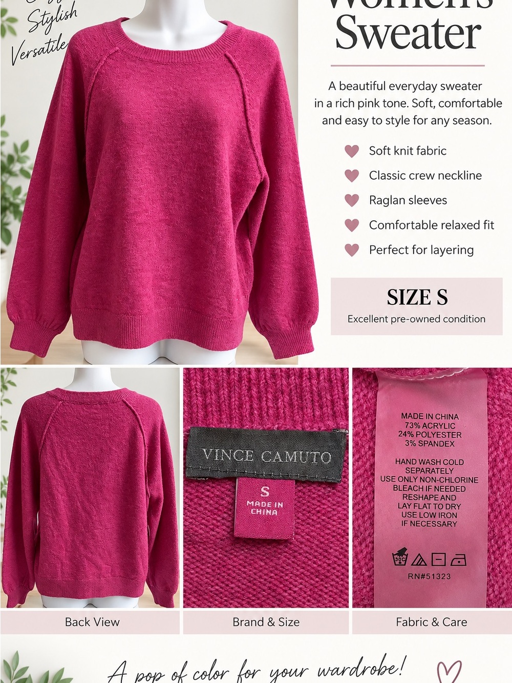 Vince Camuto Raspberry Pink Crewneck Sweater